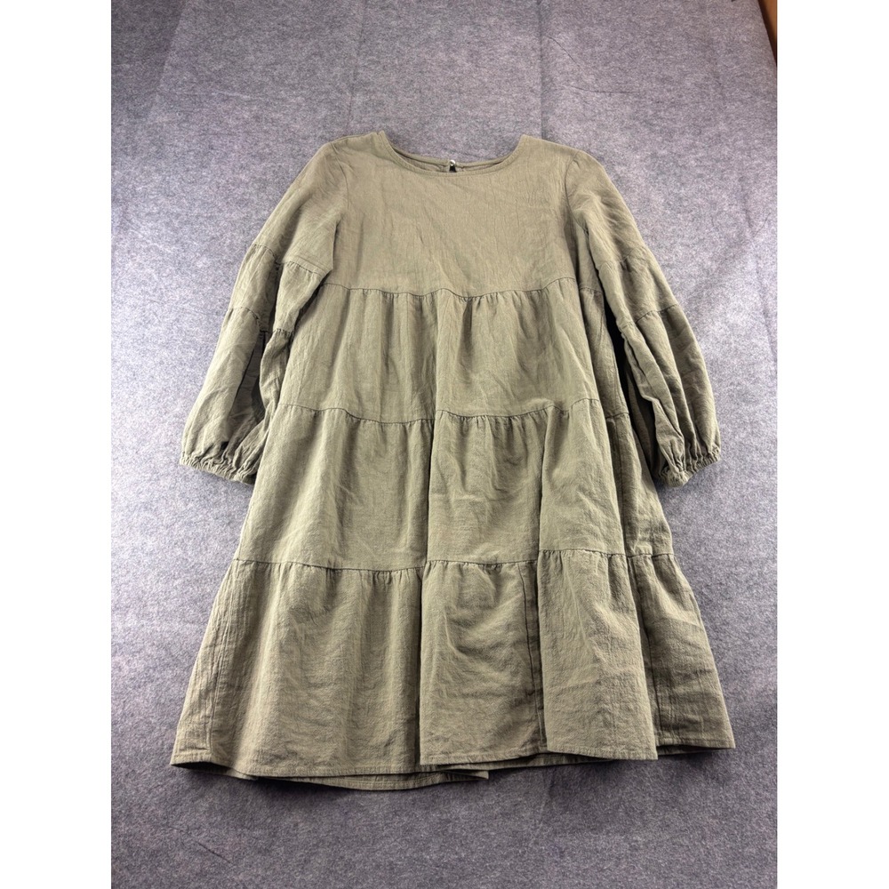 Olive Green Tiered Babydoll Dress Long Sleeve Textured Womens L Fall Cottagecore